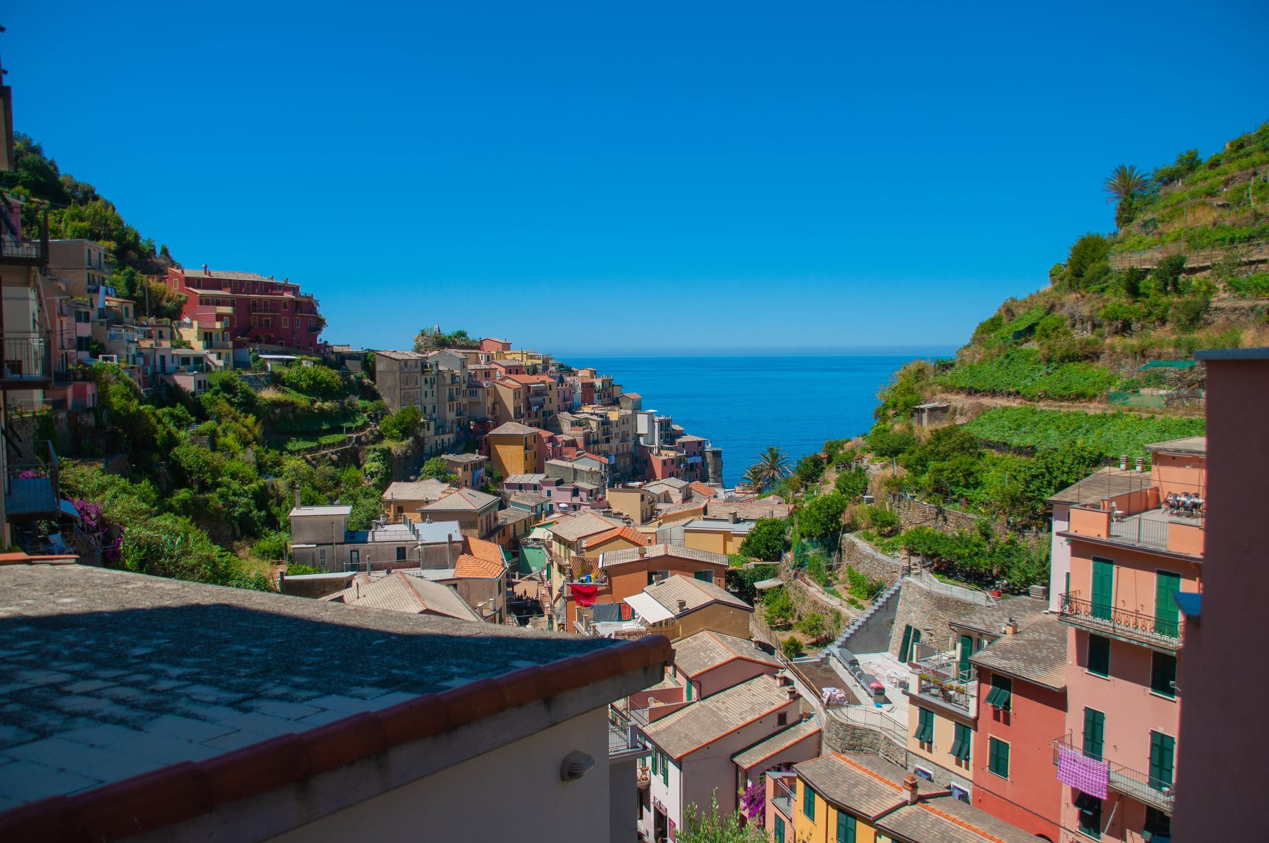 Manarola's colorful houses descending toward the Ligurian Sea