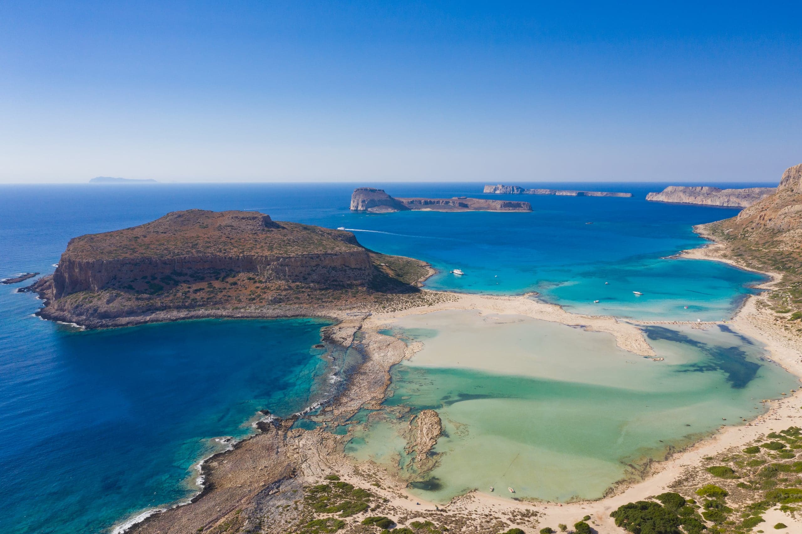 Aerial view of Balos Beach and its turquoise lagoon on Crete