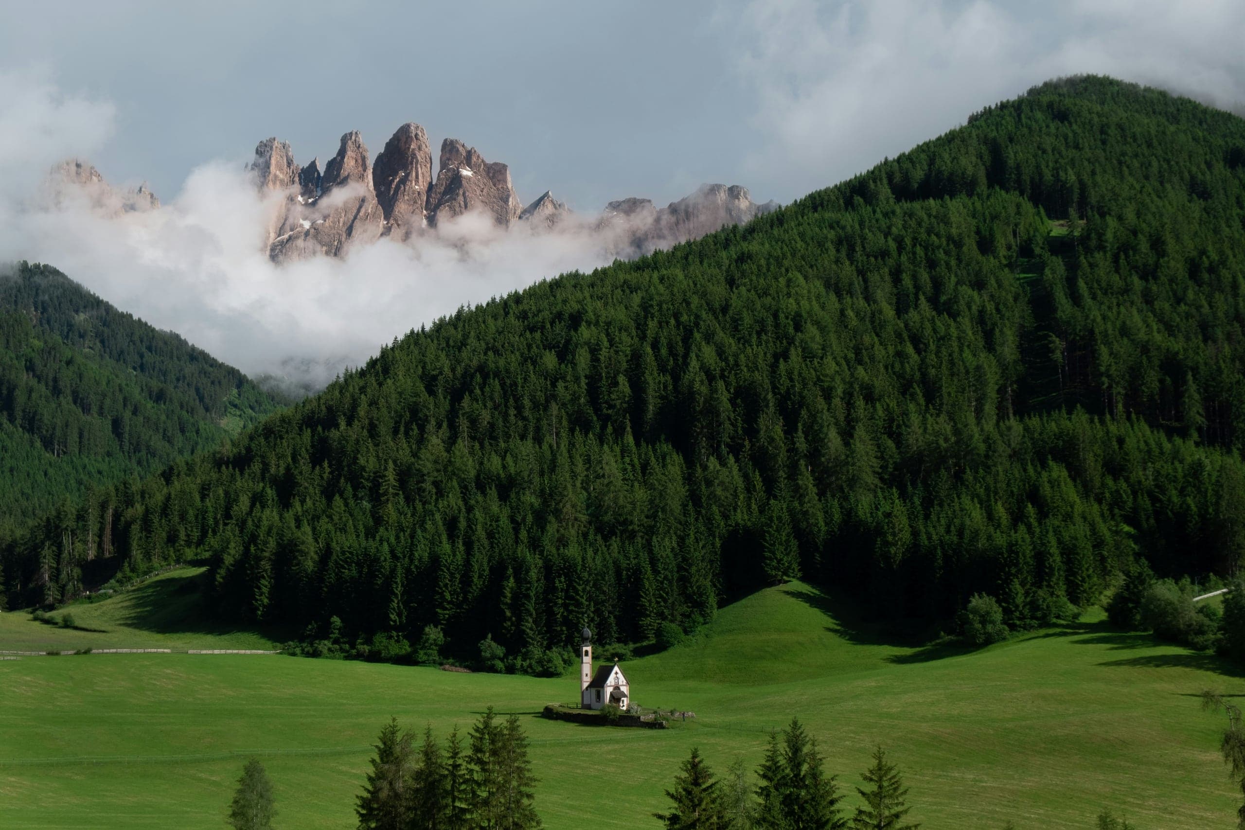 San Giovanni in Ranui church below the Odle peaks in Val di Funes