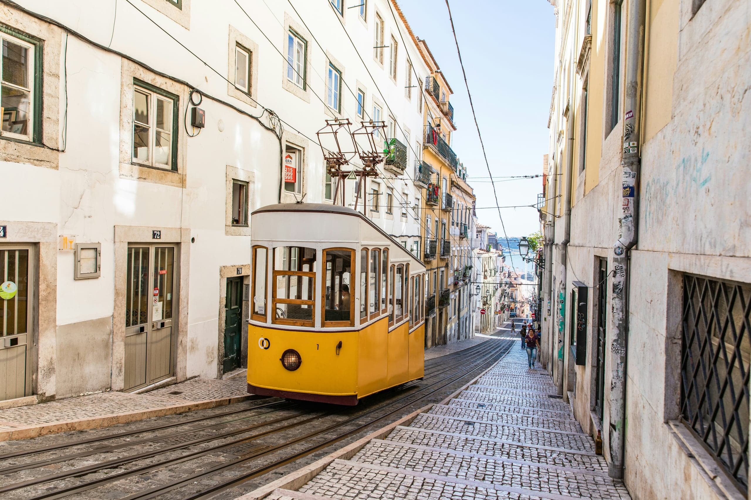 Elevador da Bica descending its steep cobbled Lisbon street