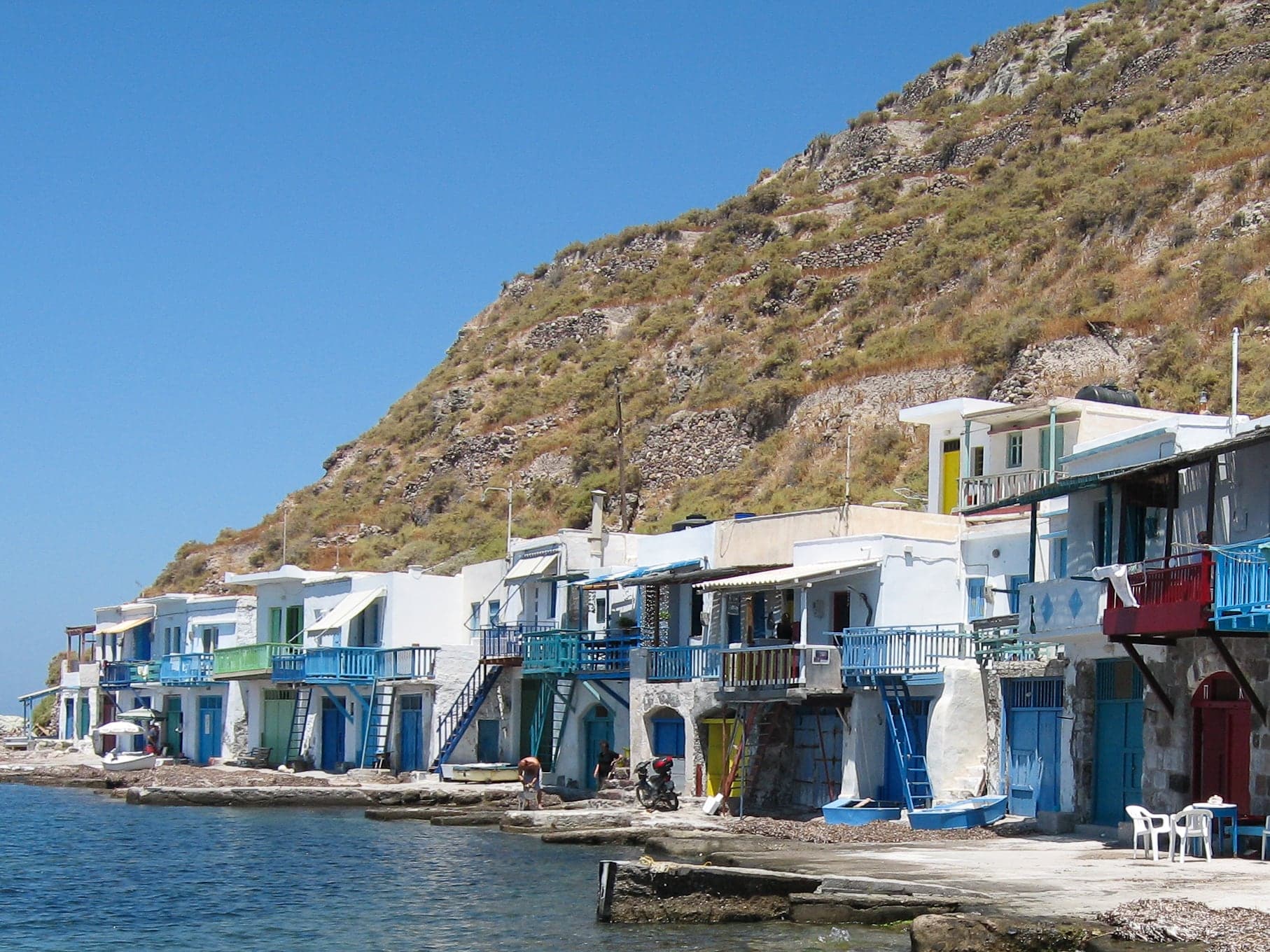 Colorful fishermen's houses along the Milos waterfront