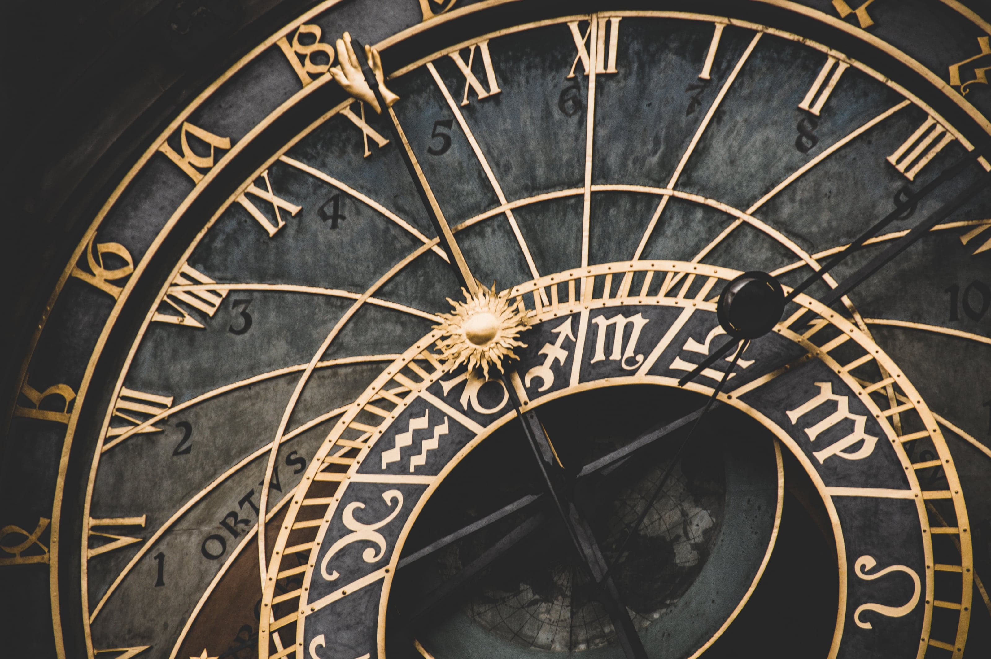 The intricate gold rings and celestial symbols of Prague's medieval Astronomical Clock