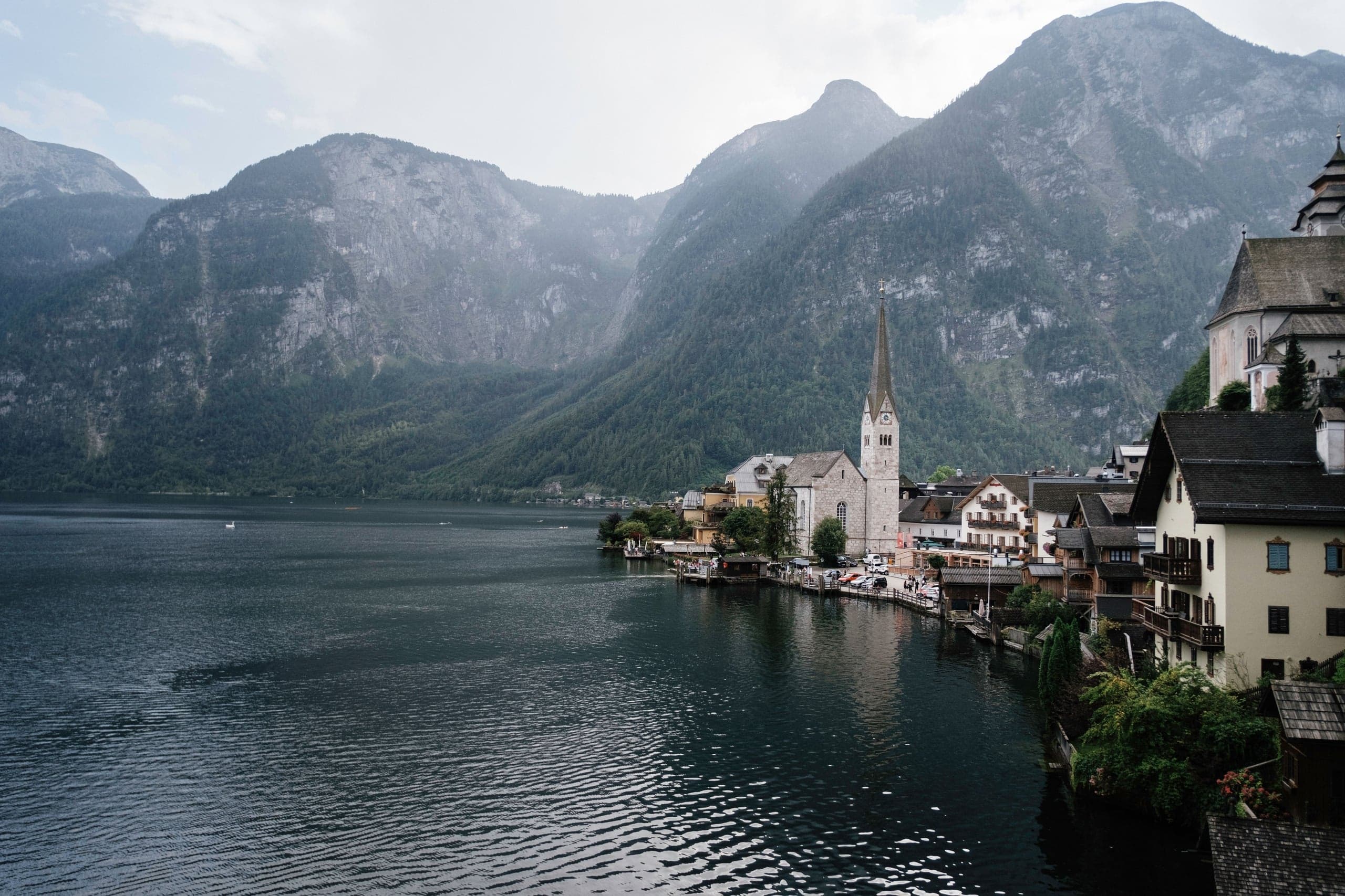 Hallstatt village waterfront, Lake Hallstatt, and alpine backdrop